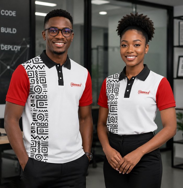 Deux collaborateurs GOODEALS CI en polo aux couleurs de l'agence